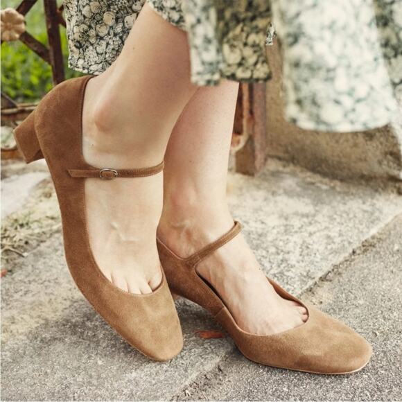 Doen Shoes - DOEN Tabac Brown Suede Mary Jane Low Heel Ballet Strap Pumps Sz 37.5 NWOB